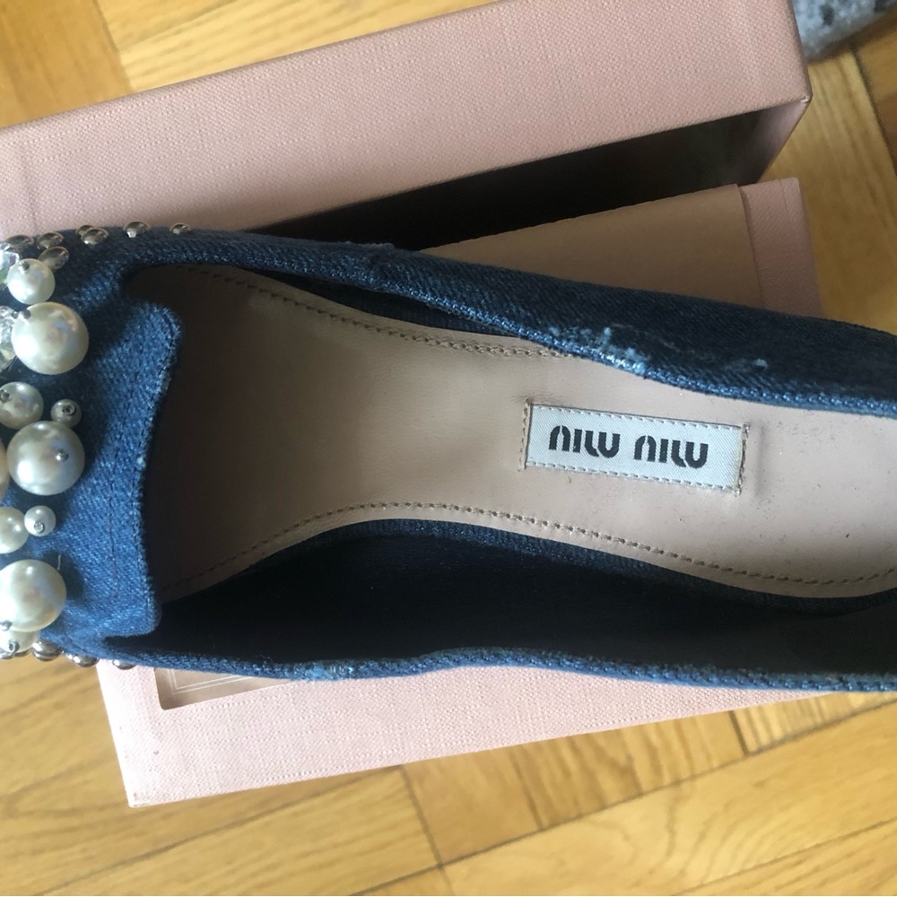 Miu Miu Navy Denim Pearl & Crystal Embellished Loafers - Picture 2 of 9